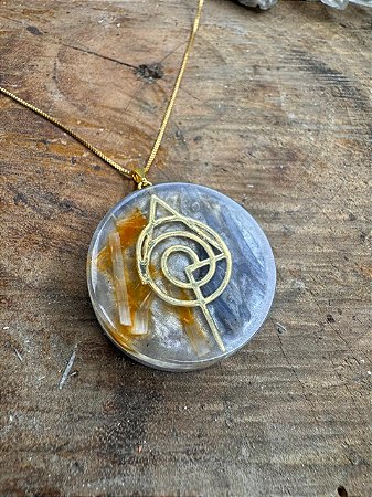 Pingente Redondo Grande (3.9 cm diâmetro) para Limpeza Energética com a vibração da Reprogramação Quântica Celular (RQC) Nível 2,Colar Dourado