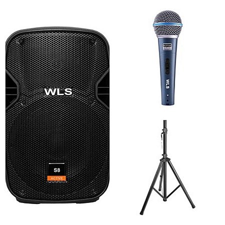 Caixa Acústica WLS S8 Ativa + Caixa S8 Passiva + 2Pç Pedestal ST002 + Microfone M58A