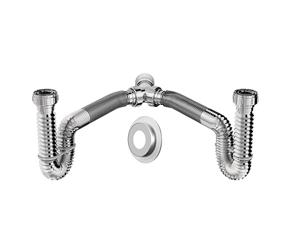 Sifão Tubo Extensivel Duplo Cromado c/Suportes e Canopla