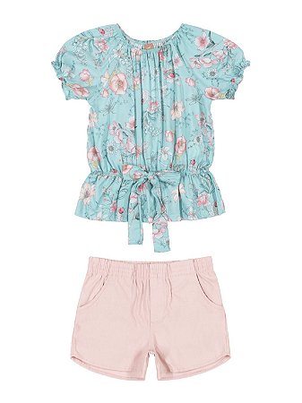 Conjunto Up Baby Infantil Blusa Short Tecido Floral Turquesa