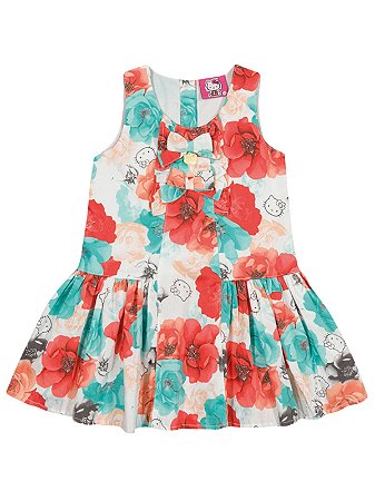 Vestido em popeline acetinada Floral Hello Kitty