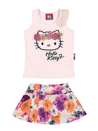 Conjunto Regata e Shorts Saia Floral Hello Kitty