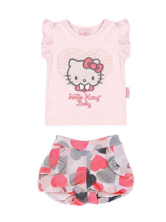Conjunto Blusa e Shorts Corações Hello Kitty
