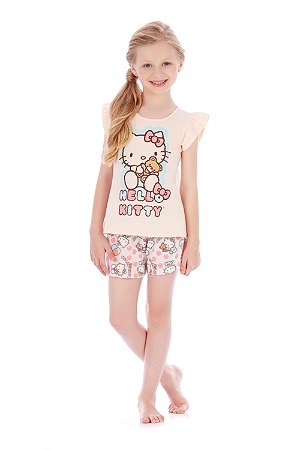 Pijama Blusa e Short em Malha Ursinho Rosa Hello Kitty