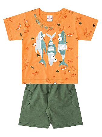 Conjunto Brandili Curto Camiseta e Bermuda Fish Laranja