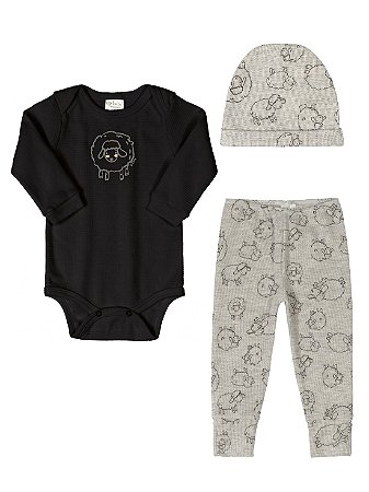 Kit 3 peças Up Baby Body Longa Calça Culote e Gorro Ovelha