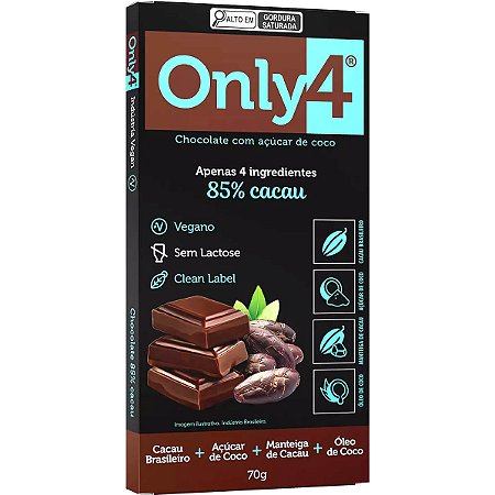 Chocolate Only4 85% Cacau Tudo Zero Leite 70g - Vegano