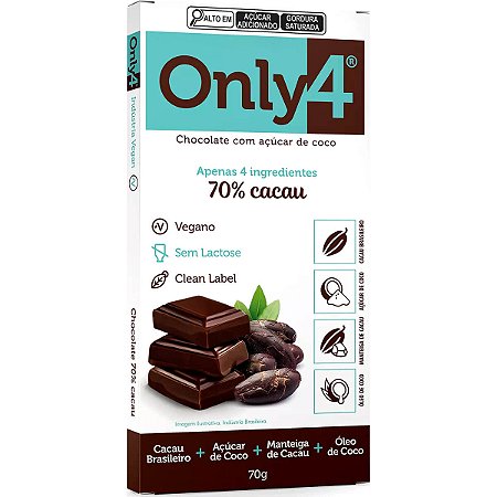 Chocolate Only4 Puro 70% Cacau Tudo Zero Leite 70g - Vegano