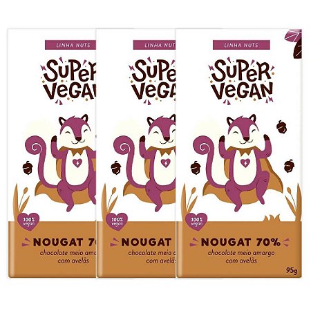 Kit 3 Chocolate Meio Amargo C/ Avelãs Super Vegan 95g Vegano