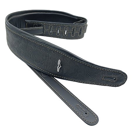 Correia Luxo 8cm Couro Floral Preto para Guitarra /Baixo CCF
