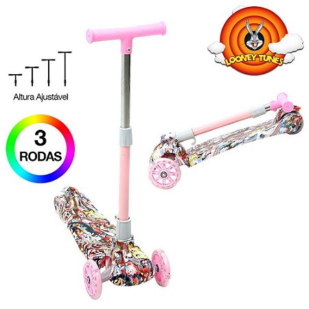 Patinete Looney Tunes Infantil de 3 Rodas com Led nas Rodas