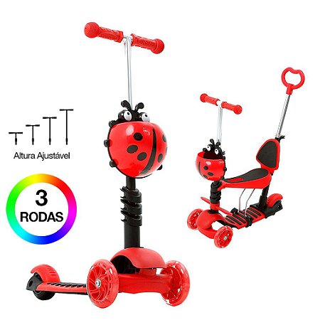 Patinete Infantil 3 Rodas Joaninha Vermelho 2 em 1 DM Toys