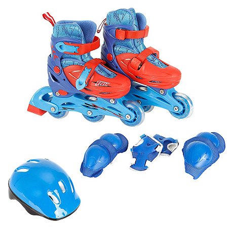 Patins 3 Rodas Inline 28-31 Azul e Kit Proteção com Capacete