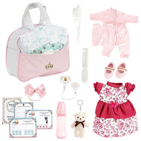 Conjunto P Bebê Reborn Roupa Fralda E Bolsa Maternidade Rosa