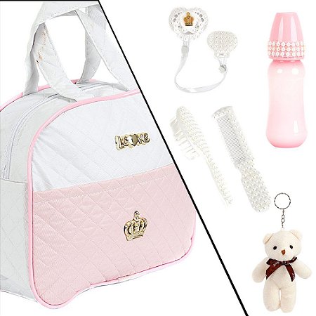 Bolsa Maternidade Enxoval 06 Itens Rosa/Branca Bebê Reborn