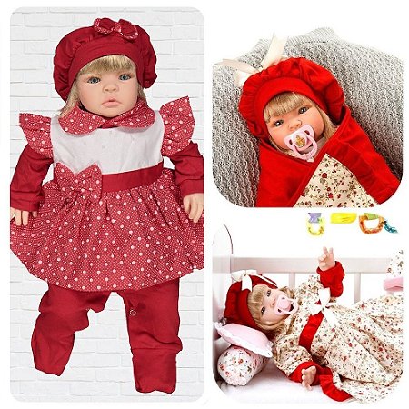 Boneca Reborn Loira  Balone Vermelho 23 Itens Cegonha Dolls