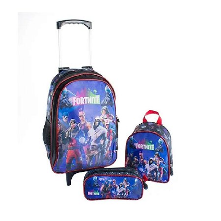 Kit Mochila Escolar Bolsa Jogo Fortnite Gamer Rodinha