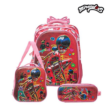 Kit Mochila Infantil Escolar Miraculous 3D Ladybug C Rodinha