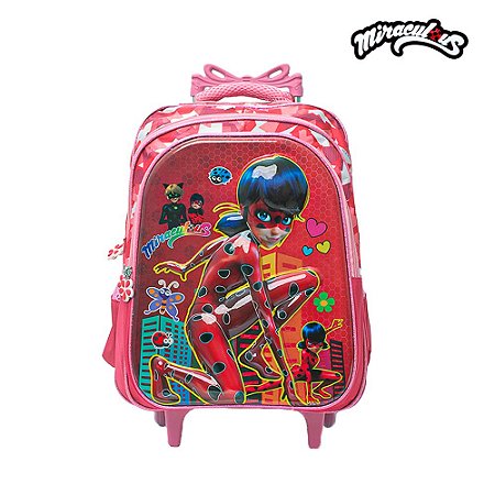 Mochila Infantil Escolar Miraculous 3D Ladybug Com Rodinhas