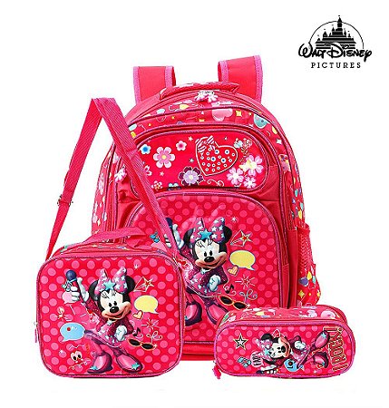 Kit Mochila Escolar Infantil Minnie Mouse Disney 3D Costas