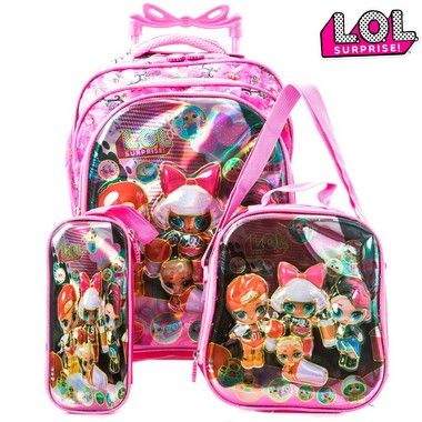 Kit Mochila Infantil Escolar Lol 3D Surprise Com Rodinhas