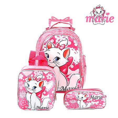 Kit Mochila Escolar Infantil Gata Marie Com Rodinhas