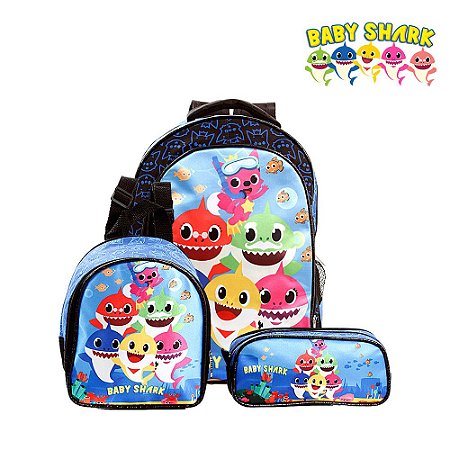 Kit Mochila Infantil Escolar Baby Shark de Costas Azul