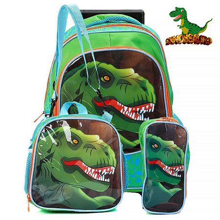 Kit Mochila Escolar Infantil Dinossauro T-Rex Com Rodinhas