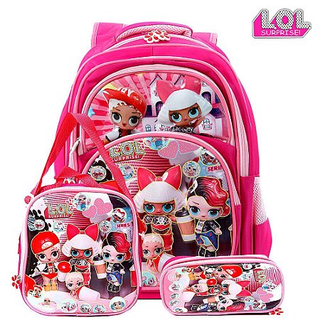 Kit Mochila Escolar Infantil Lol Surprise 3D de Costas