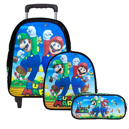 Mochila Escolar Infantil Mario Bross Com Rodinhas + Estojo