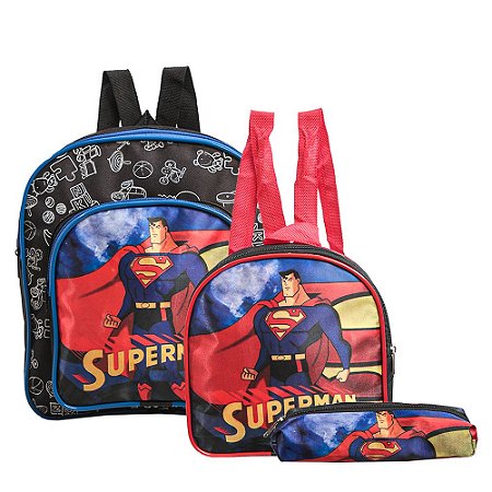 Mochila Escolar Super Homem Herói Costa Kit Lancheira+Estojo