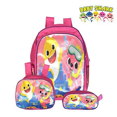 Kit Mochila Infantil Escolar Baby Shark De Costas