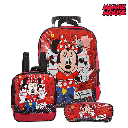 Mochila Escola Grande Minnie Disney Rodinha Lancheira+Estojo