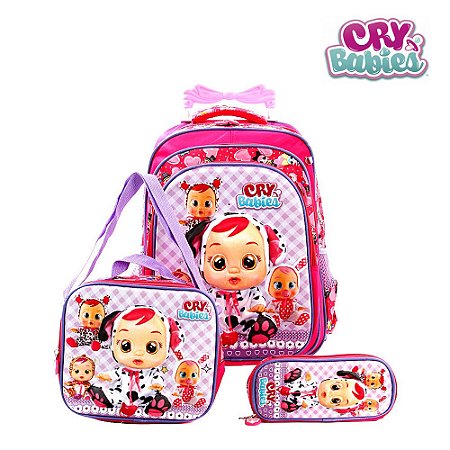 Kit Mochila Escolar Infantil Cry Babies Rosa Com Rodinhas