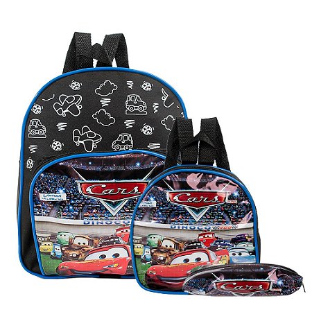 Mochila Escolar Carros McQueen Costas Kit Lancheira+Estojo