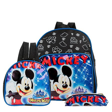 Mochila Escolar Mickey Mouse Disney Costa Lancheira+Estojo