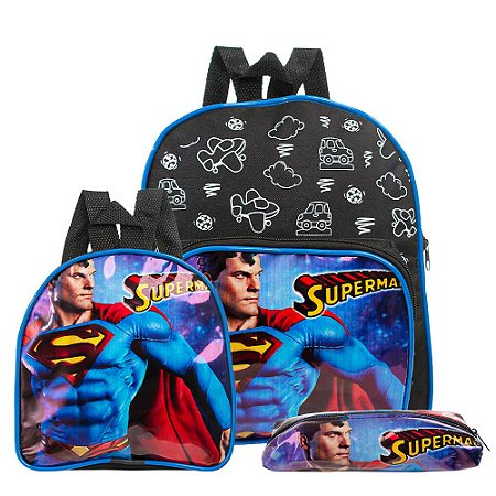 Kit Mochila Escolar Super Homem Herois Meninos Costas