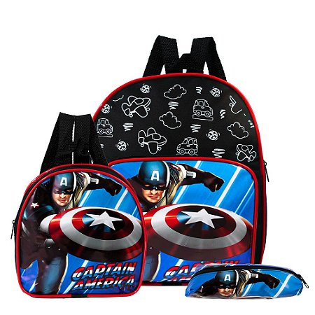 Kit Mochila Escolar Pequena Marvel Capitão América Costas