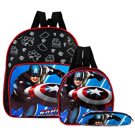 Kit Mochila Escolar Marvel Capitão América Lancheira+Estojo