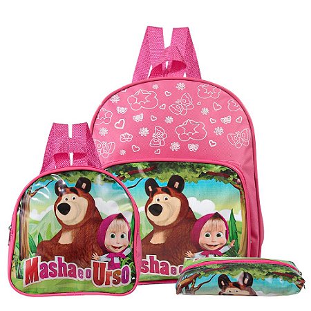 Kit Mochila Escolar Creche Masha E O Urso Menina Rosa Costa