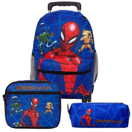 Mochila Escolar Homem Aranha Rodinha Kit Lancheira+Estojo