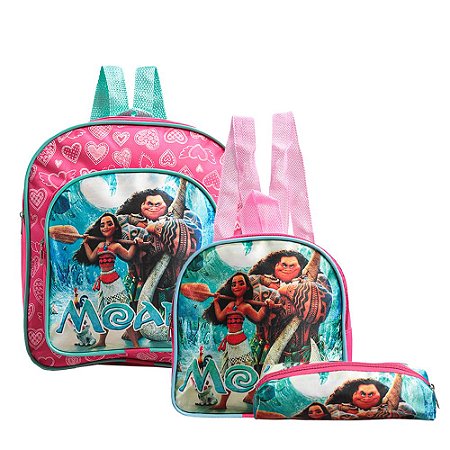 Mochila Escolar Moana e Maui Costas Kit Lancheira+Estojo