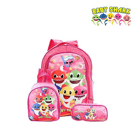 Kit Mochila De Costas Infantil Escolar Baby Shark Rosa Grand