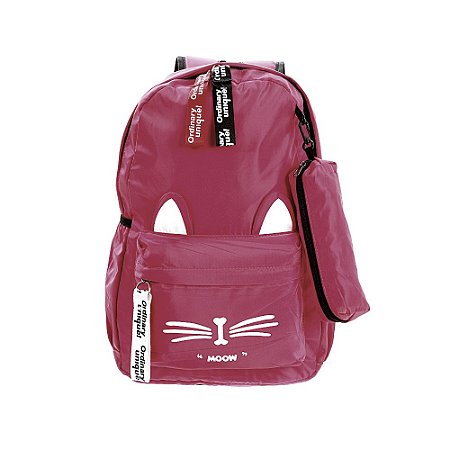 Mochila Escolar Feminina de Gatinha Pink Bolsa+Estojo - Chic