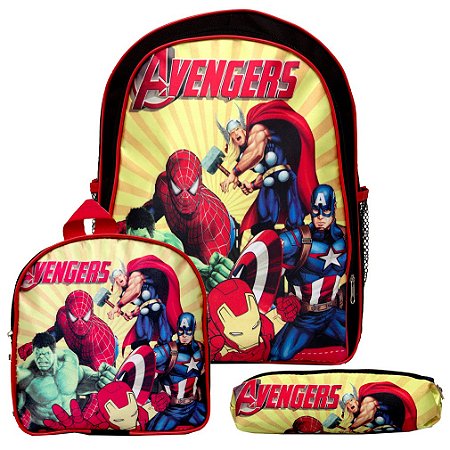 Mochila Escolar Vingadores Marvel Meninos Lancheira+Estojo