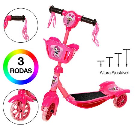 Brinquedo Patinete Infantil L.O.L Scooter 3 Rodas c Cesta