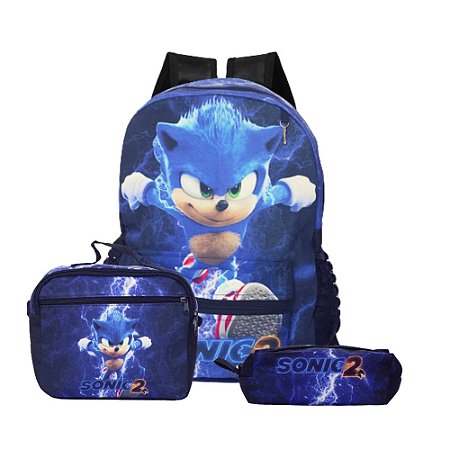 Mochila Escolar Bolsa Sonic O Filme Lancheira+Estojo Costas