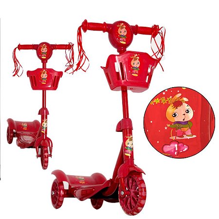 Patinete Infantil 3 Rodas Vermelho Compacto com Cestinha