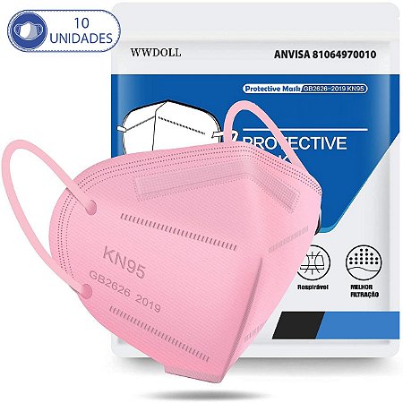 10 Máscaras Respiratórias KN95 Rosa WWDoll 5 Camada Anvisa