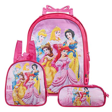 Mochila Escolar Princesas Bolsa Rodinha Kit Lancheira+Estojo